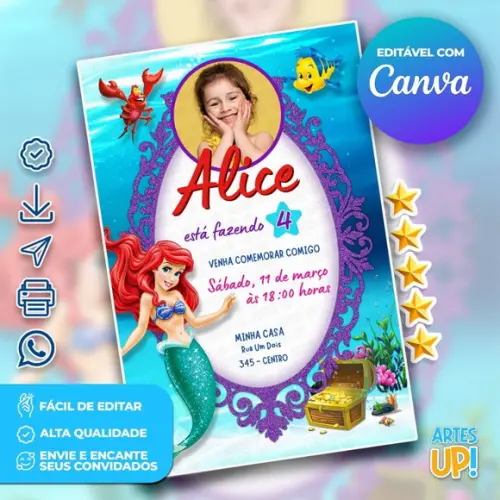 Convite de Aniversário Ariel, a Pequena Sereia com Foto