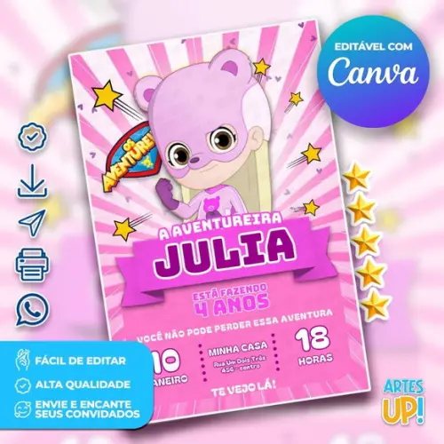 Convite de Aniversário Aventureira Rosa, os Aventureiros