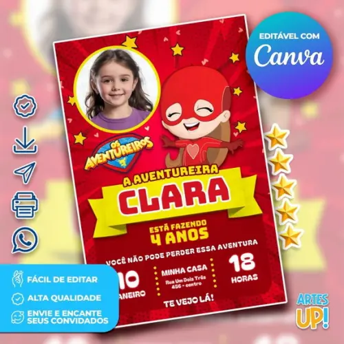 Convite de Aniversário Aventureira Vermelha com Foto