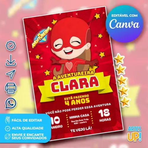 Convite de Aniversário Aventureira Vermelha, os Aventureiros