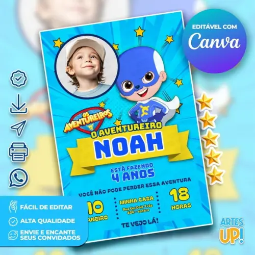 Convite de Aniversário Aventureiro Azul com Foto