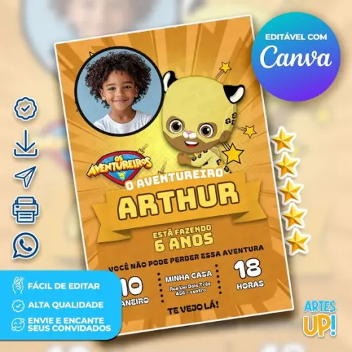 Convite de Aniversário Aventureiro Amarelo com Foto