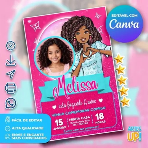 Convite de Aniversário Barbie Negra com Foto