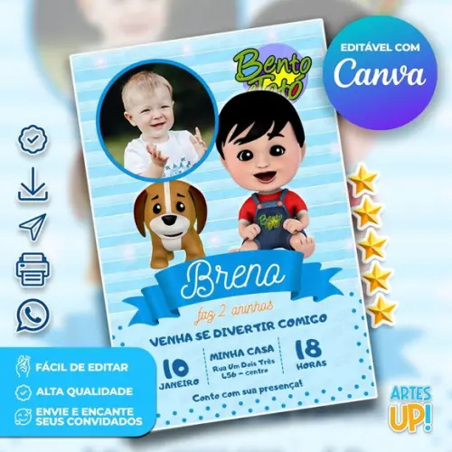 Convite de Aniversário Bento e Totó com Foto