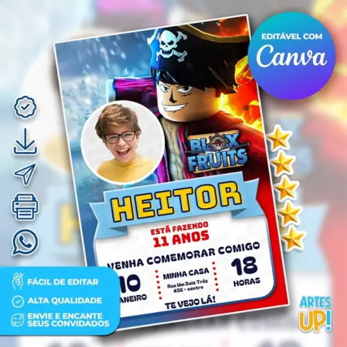 Convite de Aniversário Blox Fruits com Foto