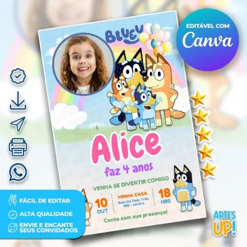 Convite de Aniversário Bluey e Bingo com Foto