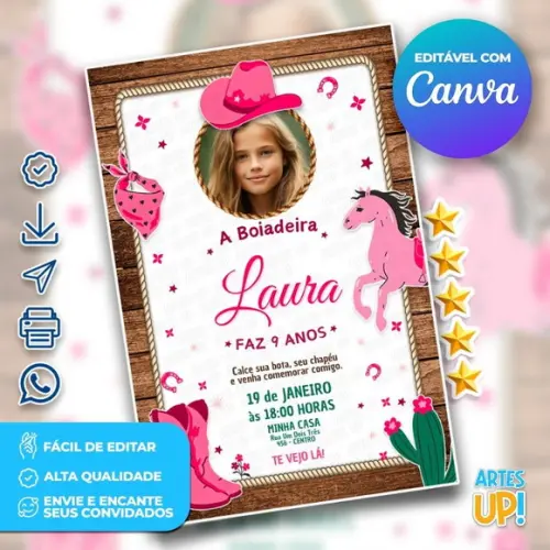 Convite de Aniversário Boiadeira com Foto