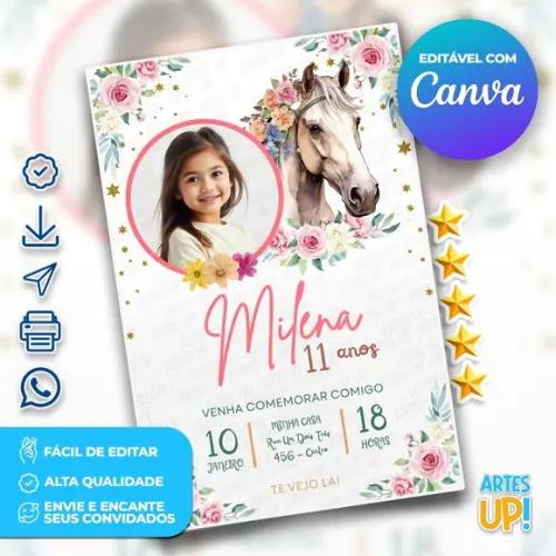 Convite de Aniversário Cavalo Floral com Foto