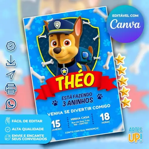 Convite de Aniversário Chase Patrulha Canina