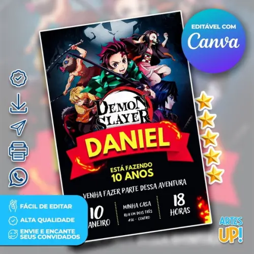 Convite de Aniversário Demon Slayer