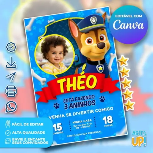 Convite de Aniversário Chase Patrulha Canina com Foto
