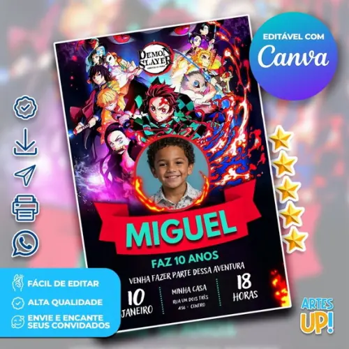 Convite de Aniversário Demon Slayer com Foto