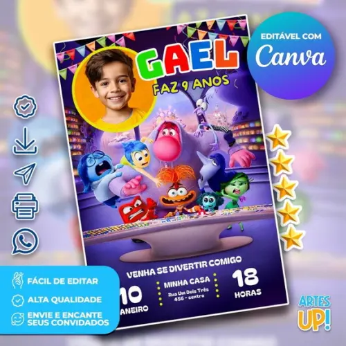 Convite de Aniversário Divertida Mente com Foto