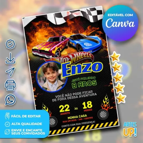 Convite de Aniversário Hot Wheels com Foto