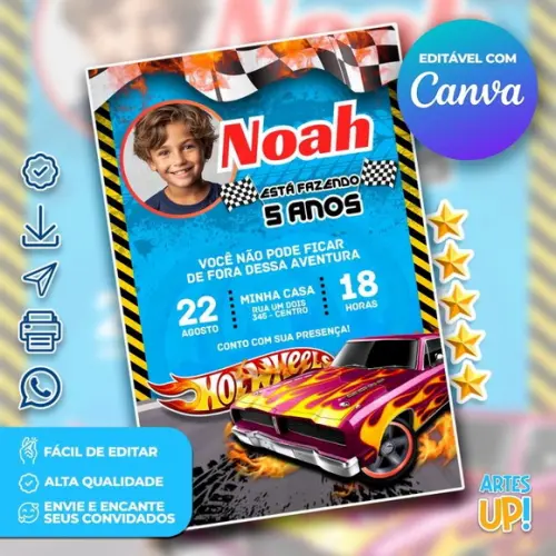 Convite de Aniversário Hot Wheels com Foto