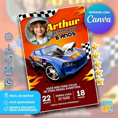 Convite de Aniversário Hot Wheels com Foto