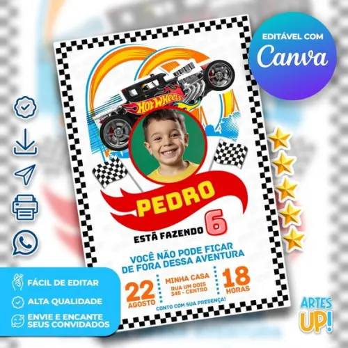 Convite de Aniversário Hot Wheels com Foto