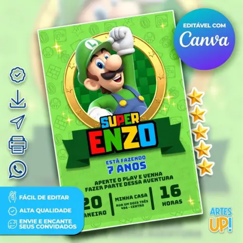 Convite de Aniversário Luigi Super Mario