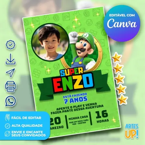 Convite de Aniversário Luigi Super Mario com Foto