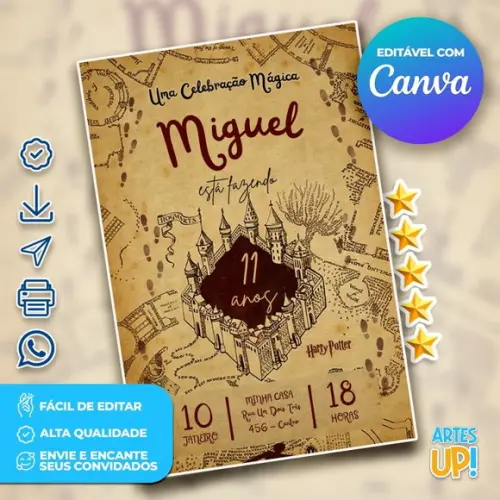 Convite de Aniversário Mapa do Maroto Harry Potter