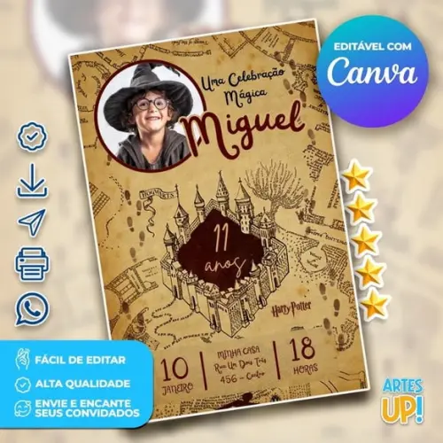 Convite de Aniversário Mapa do Maroto Harry Potter com Foto