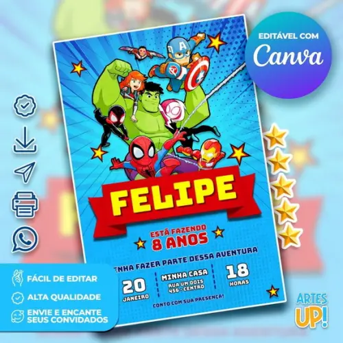 Convite de Aniversário Marvel Super Hero Adventures
