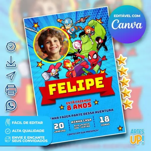 Convite de Aniversário Marvel Super Hero Adventures com Foto