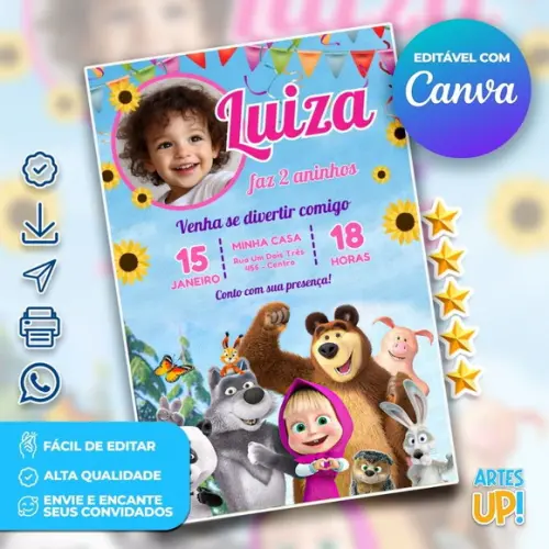 Convite de Aniversário Masha e o Urso com Foto