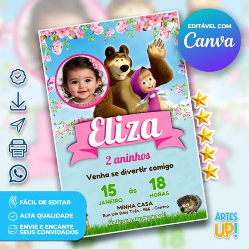 Convite de Aniversário Masha e o Urso com Foto