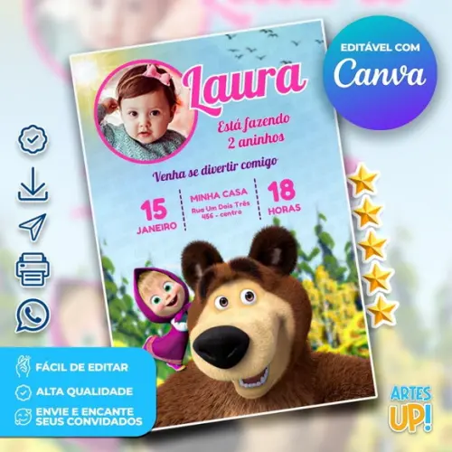 Convite de Aniversário Masha e o Urso com Foto