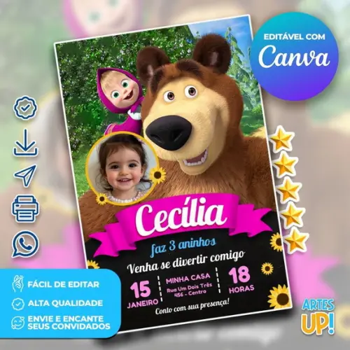 Convite de Aniversário Masha e o Urso com Foto