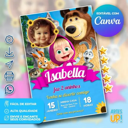 Convite de Aniversário Mash e o Urso com Foto