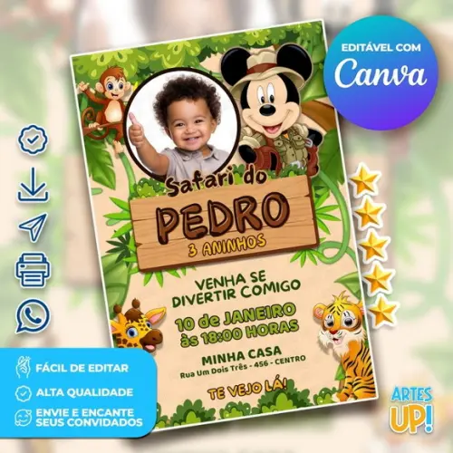 Convite de Aniversário Mickey Safari com Foto