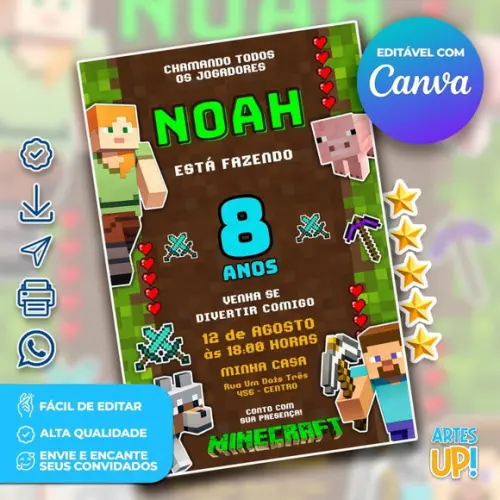 Convite de Aniversário Minecraft