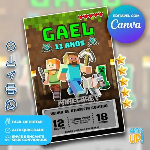 Convite de Aniversário Minecraft