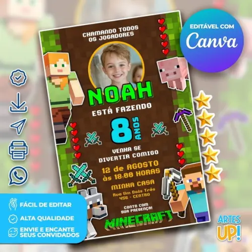 Convite de Aniversário Minecraft com Foto
