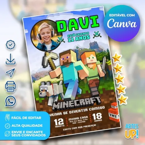 Convite de Aniversário Minecraft com Foto