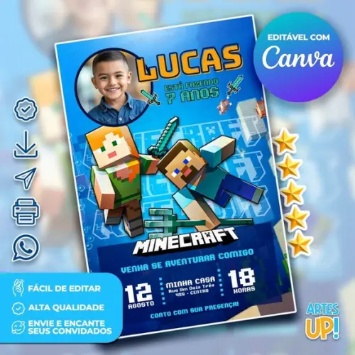 Convite de Aniversário Minecraft com Foto