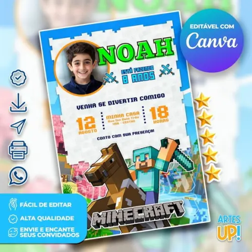 Convite de Aniversário Minecraft com Foto