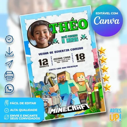 Convite de Aniversário Minecraft com Foto
