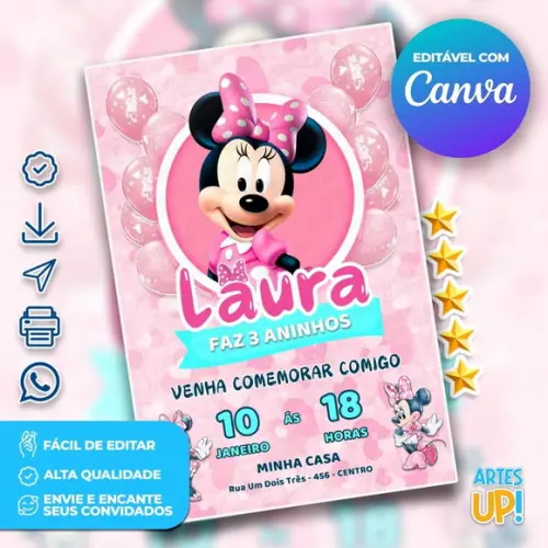 Convite de Aniversário Minnie Rosa