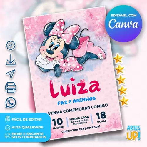 Convite de Aniversário Minnie Rosa Aquarela