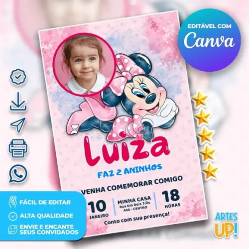 Convite de Aniversário Minnie Rosa Aquarela com Foto
