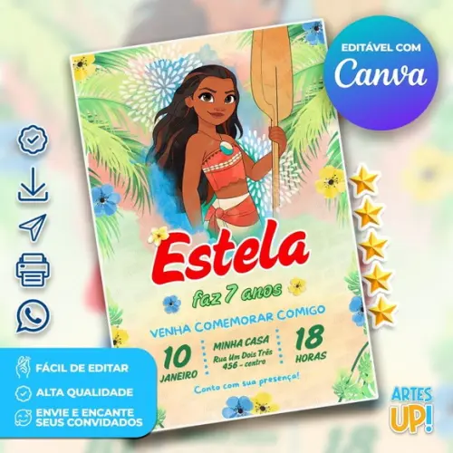 Convite de Aniversário Moana Aquarela