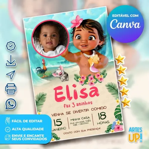 Convite de Aniversário Moana Baby com Foto