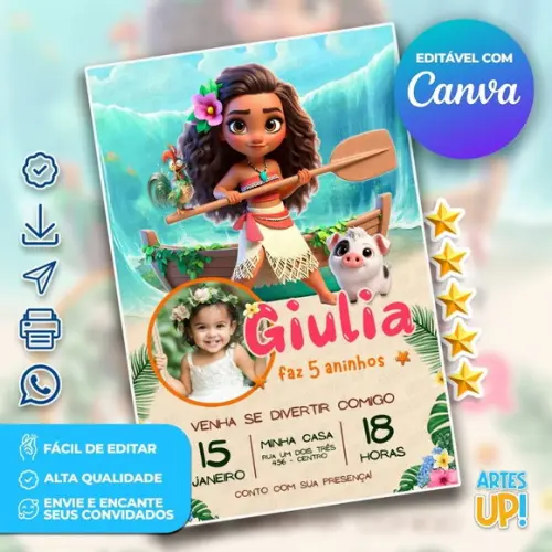 Convite de Aniversário Moana com Foto