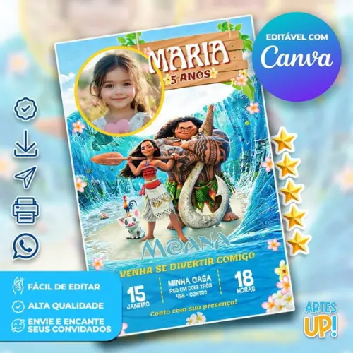 Convite de Aniversário Moana com Foto