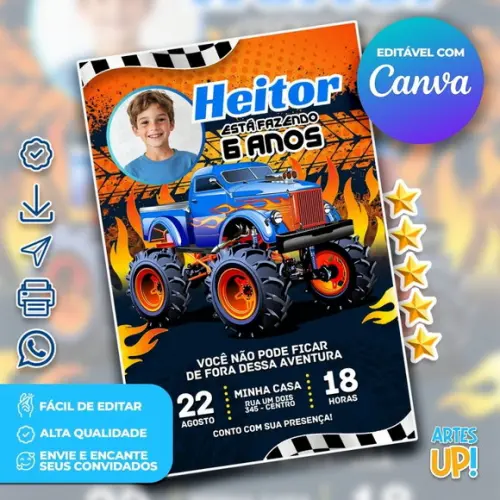Convite de Aniversário Monster Truck Hot Wheels com Foto