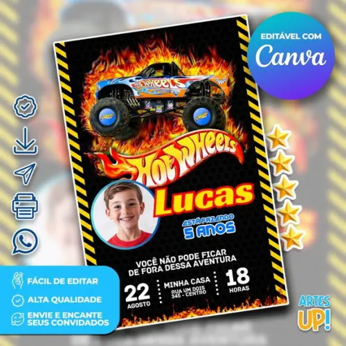 Convite de Aniversário Monster Truck Hot Wheels com Foto