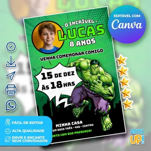 Convite de Aniversário o Incrível Hulk com Foto